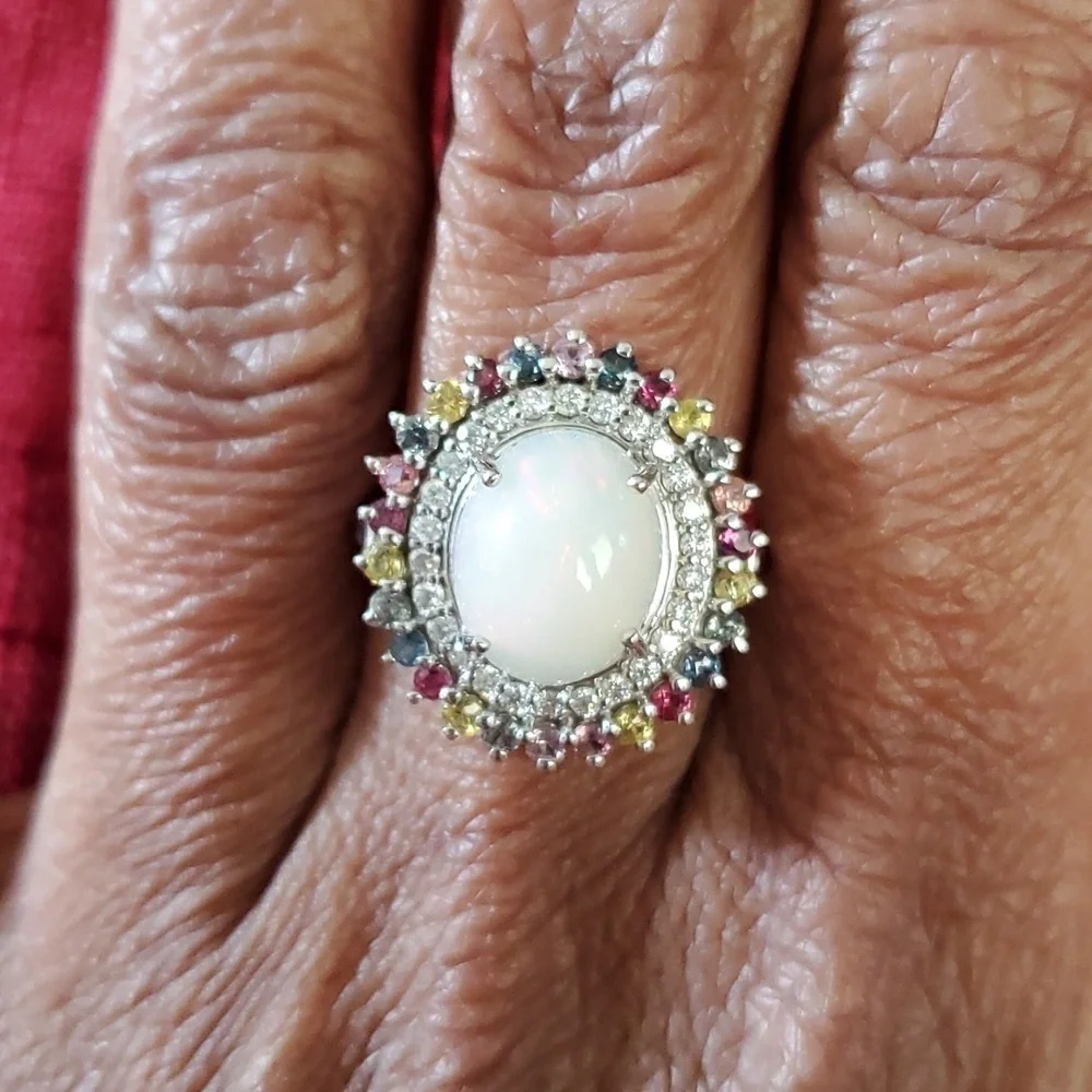 Ethiopian Welo opal, multi Sapphire, & Zircon Halo Cocktail Ring Platinum Plated